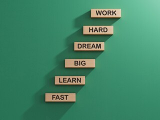 Work hard Dream big Learn fast symbol. Wooden blocks with words Work hard Dream big Learn...
