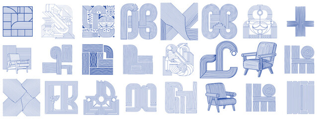 Hand drawn abstract minimal element mid century vector set. Aesthetic contemporary stripe line art, geometric shape in monochrome, blue. Art form design for wall art, decoration, wallpaper.