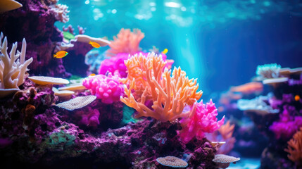 Close-Up of Exotic Coral Polyps with Neon Colors. International Day for Biodiversity. World Oceans Day. Marine. Dive Tourism. Environmental Education. Earth Day
