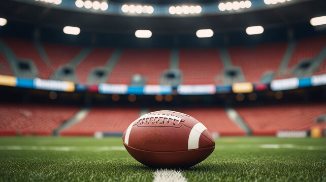 photo of a amrican football in focused on a stadium. Copy space.