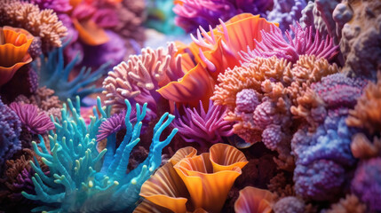Close-Up of Exotic Coral Polyps with Neon Colors. International Day for Biodiversity. World Oceans Day. Marine. Dive Tourism. Environmental Education. Earth Day