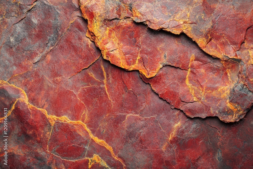Poster red lava texture background, close-up of red rock surface with rough patterns, top view.