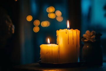 Two lit paraffin candles melting and glowing in the dark with a bokeh effect in the background, creating a warm and comforting atmosphere