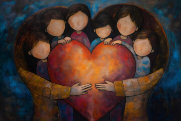 Painting depicting a family holding a large, glowing heart, representing the strong bond of love and togetherness within the family unit