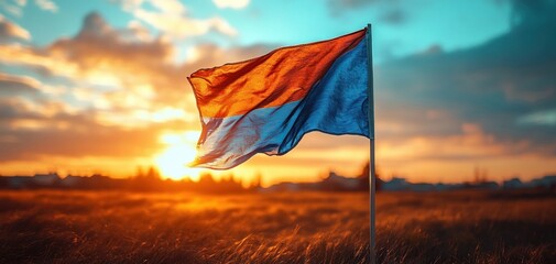 Icelandic Flag Flying in Breeze at Golden Hour with Warm Sunlight and Blue Sky