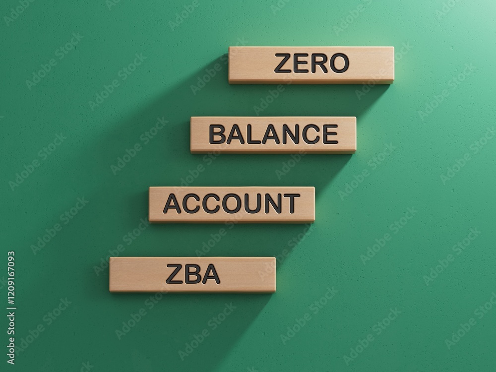 Poster zba - zero balance account. wooden cubes with word zba. business and zba concept. wooden cube blocks