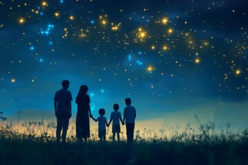 Silhouetted family holding hands, gazing at a breathtaking starry night sky filled with wonder and dreams of a bright future together