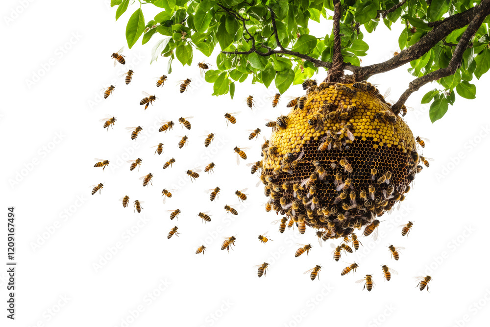 Wall mural bees swarm around a hive hanging from a tree branch in a sunny garden setting isolated on transparen