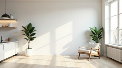 Sunlight streams into a minimalist room featuring a comfortable armchair, potted plants, and sleek kitchen cabinetry.