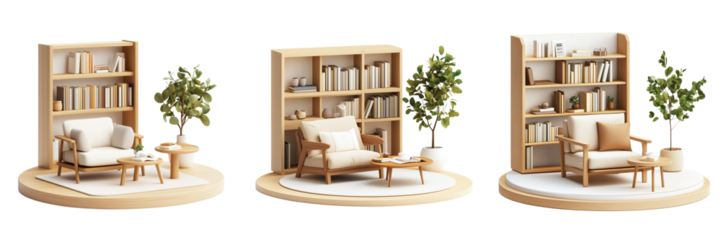 Set of A warm and inviting home office with a dark wood bookshelf adorned with lush green plants and wooden figurines of trees and animals, creating an earthy on transparent png background