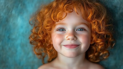 Bright and Joyful Portrait of a Young Child with Vibrant Red Curly Hair and Sparkling Blue Eyes Smiling Against a Soft Textured Background