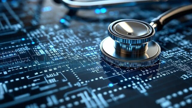 Digital Healthcare: A close-up of a silver stethoscope resting on a complex electronic circuit board, signifying the merging of technology and healthcare in a modern, digital age.