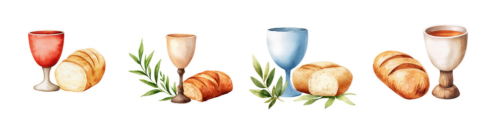 Watercolor communion cups and bread with olive branches, symbolizing faith, isolated on transparent background.