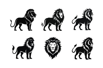 African Lion (Panthera leo) mammal animal, labeled silhouette vector art illustration.