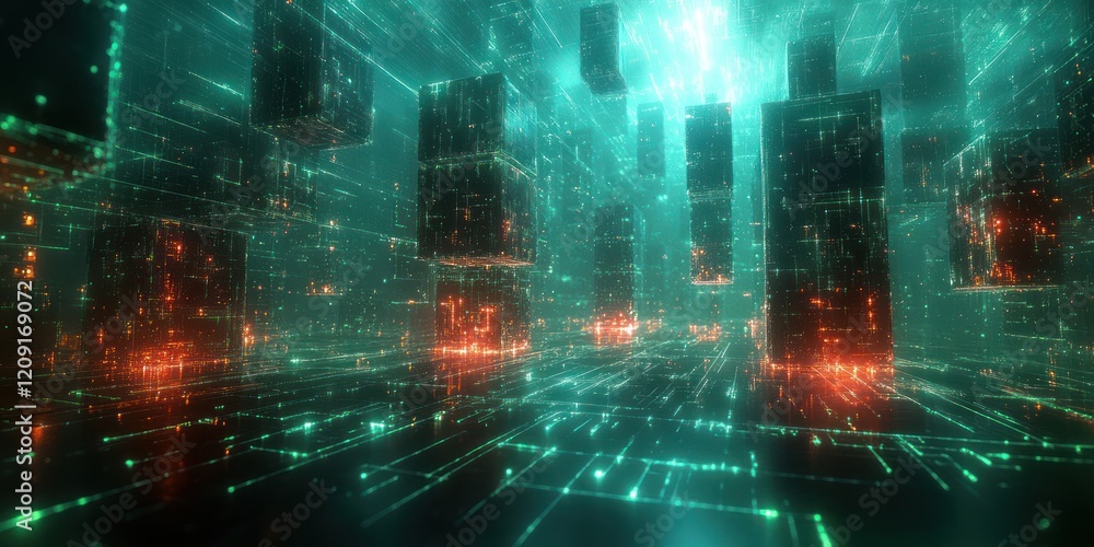 Poster futuristic cyber landscape with glowing networks and digital security technology