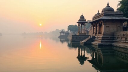 Fototapeta premium Serene sunrise over ancient stone structures reflected in calm water