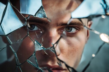 Close up of a young man with blue eyes looking through a broken mirror, creating a fragmented reflection