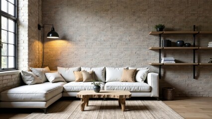 Modern minimalist living room interior design featuring a comfortable sectional sofa, rustic wooden coffee table, and sleek shelving unit against a textured brick wall