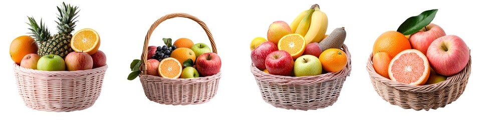 Picnic Items collection. Baskets filled with a variety of fresh fruits including apples, oranges, bananas, and pineapples.