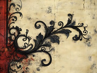 Ornate Black Floral Design on Aged Textured Background