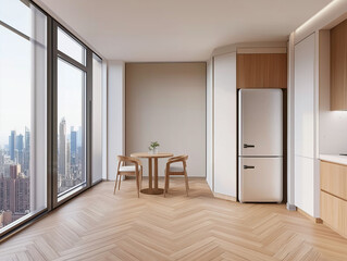 Modern Interior with Blank Wall, Dining Area, Wooden Flooring, and Cityscape View: 3D Rendering