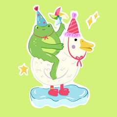 Funny green cartoon frog is sitting on a white duck with a cap. Vector character. Sticker, logo, poster. Flat illustration on a light green background.