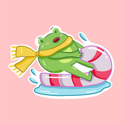 Cute cartoon frog is ridding on a candy cane. Kids sticker, poster. Hand drawn doodle character. Vector illustration on an isolated pink background.