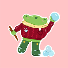 Cute cartoon frog play snowball.  Kids sticker, poster. Hand drawn doodle character. Vector illustration on an isolated pink background.
