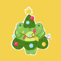 Cute catroon frog in green tree costume. Christmas frog character in doodle style. Kids sticker, poster. Vector illustration on a yellow background