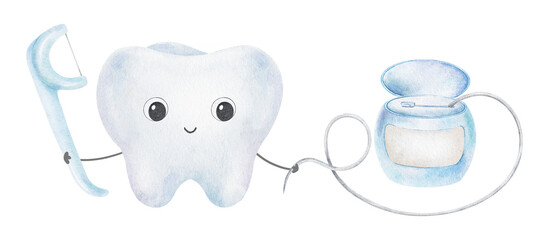 Tooth kawaii Character holding Dental floss and blue Floss toothpick. Isolated hand drawn watercolor kids illustration. Clipart for pediatric dentistry, dental health care, daily Oral hygiene.