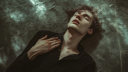Fototapeta premium A person lying on the floor with a hand over their heart, as dark shadows of heartbreak swirl around them