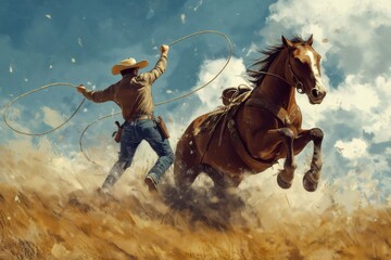 Cowboy using lasso trying to catch running wild horse in prairie under blue sky, western lifestyle and horse taming concept