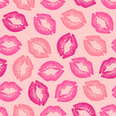 Seamless pattern with female different lipstick kiss isolated on pink background. Lips kissing prints vector background. 