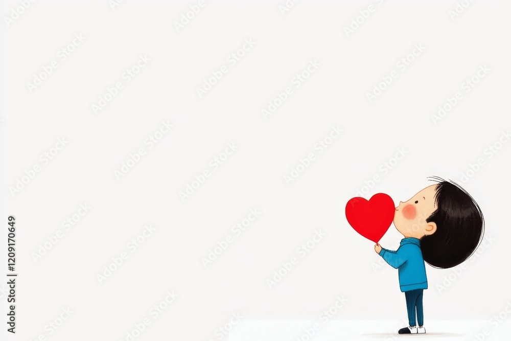 Poster child holds a red heart symbol in a playful display of affection and joy in a colorful, minimalistic