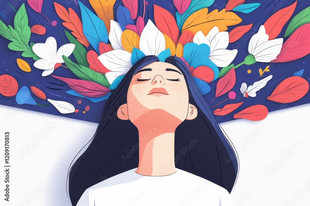 Poster creative expression and tranquility captured through vibrant colors and floral patterns in a serene 