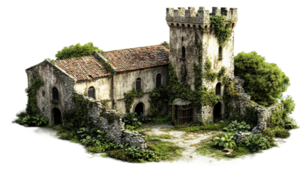 Ancient castle ruins surrounded by overgrown vegetation and a serene courtyard isolated on transparent background