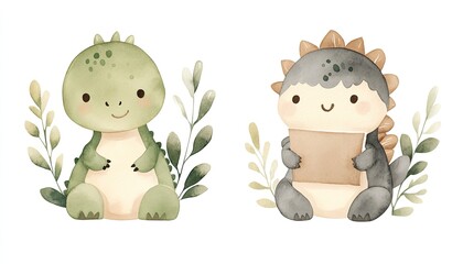 Cute watercolor dinosaurs sitting among leaves, one holding a blank sign, ideal for children's decor