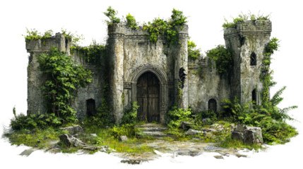 Abandoned castle overgrown with plants in a secluded landscape isolated on transparent background