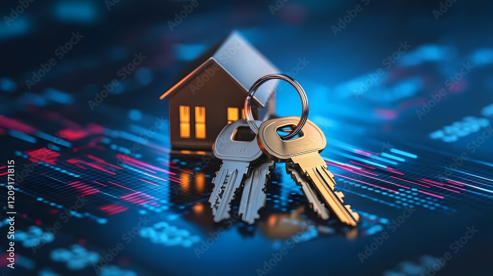 Poster house keys resting on a digital data background