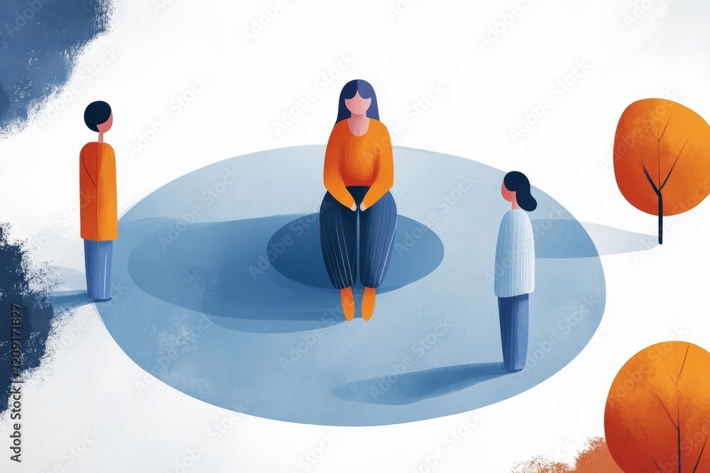 Poster group discussion involving three stylized figures in a circular arrangement in a serene environment 