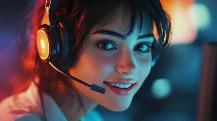 A young woman with a headset on her head looks at the viewer.