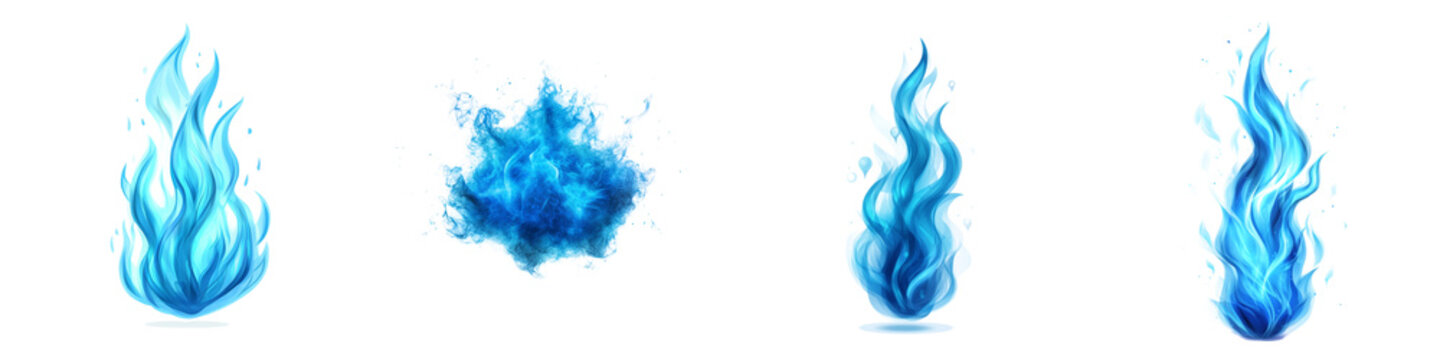 A collection of blue flame designs showcasing various shapes and sizes, each depicting dynamic fire elements.