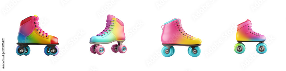 Poster colorful roller skates displayed in a gradient design showcasing various angles and details.