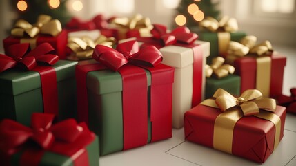 Obraz premium Festive gift wrapping holiday celebration decorative presents indoor setting close-up view christmas spirit