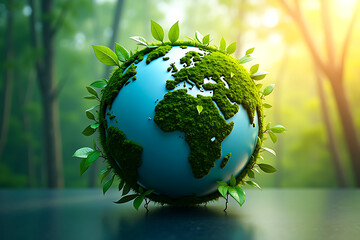 Globe with renewable energy symbols and leafy branches highlighting plant power for sustainability