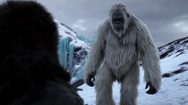 White yeti bigfoot creature with fur in snowy mountain winter landscape view