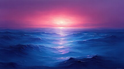 Fototapeta premium Dark Ocean Landscape with Soft Blue and Purple Hues, Ethereal Glow at Dusk, Impressionism Style, Atmospheric Effects, Soft Brush Strokes