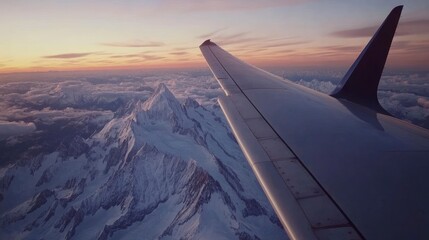 Obraz premium Wing of an airplane flying above the snow mountains. The view from an airplane window. Travel concept.