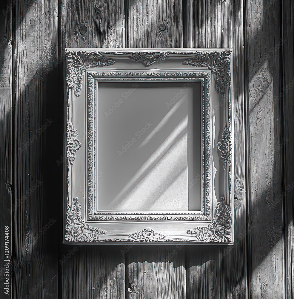 Poster black and white frame empty mockup on wooden surface with shadows and highlights for modern minimali
