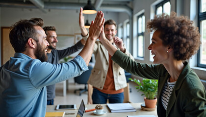 "Team of Colleagues Celebrating Success with High Fives and Laughter in a Modern Office"